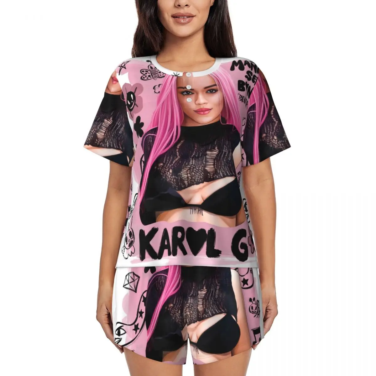 Custom Karol G Pink Hair La Bichota pigiama Set per le donne 2 pezzi manica corta Sleepwear Loungewear PJS Shorts Set