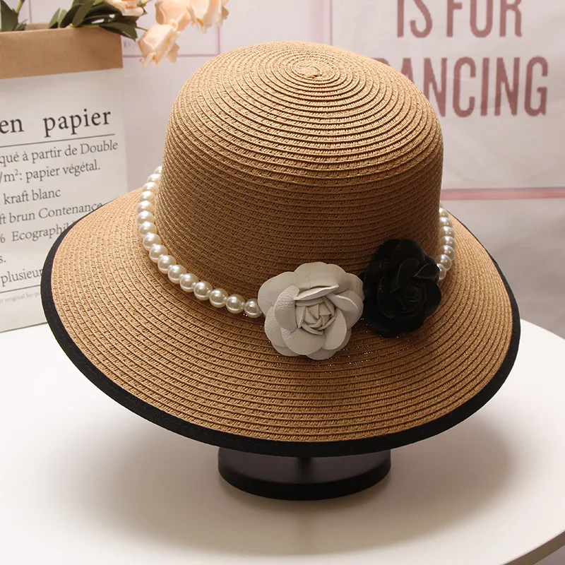 Sun Hat for women Summer Vintage Elegant Pearl Flower Fisherman Hat Hepburn Wind Sunshade Straw Hat Beach Hat sombrero