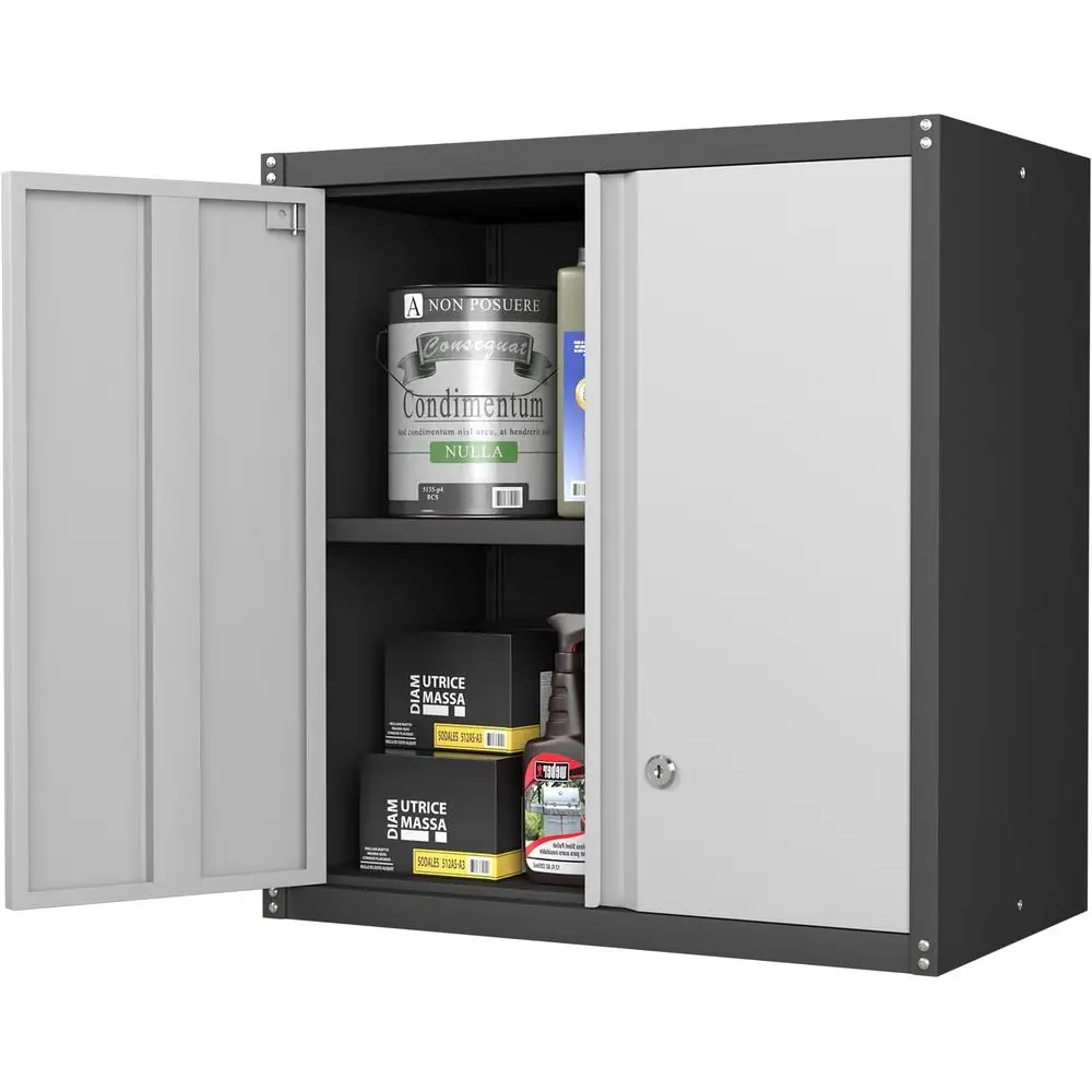 

Heavy-Duty Steel Wall-Mounted Locking Cabinet with Adjustable Shelves for Garage, Workshop, and Office Storage in Black and Grey