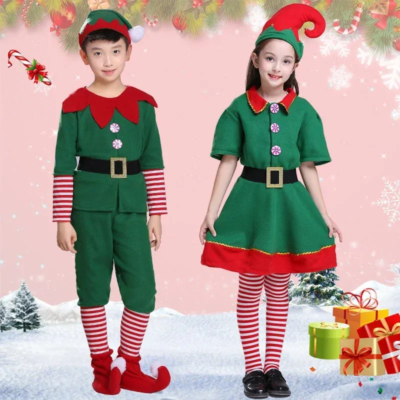 Christmas Santa Claus Costume Adult Kids Family Green Elf Cosplay Outfits Carnival Party Year performance Xmas Dress Giftc;3.k'6