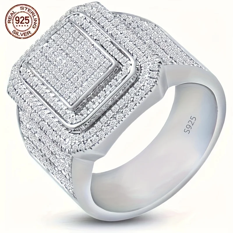Anillo brillante de Plata de Ley 925 de lujo para hombre, doble capa, Micro circón helado, Retro, anillo de negocios para hombre, joyería