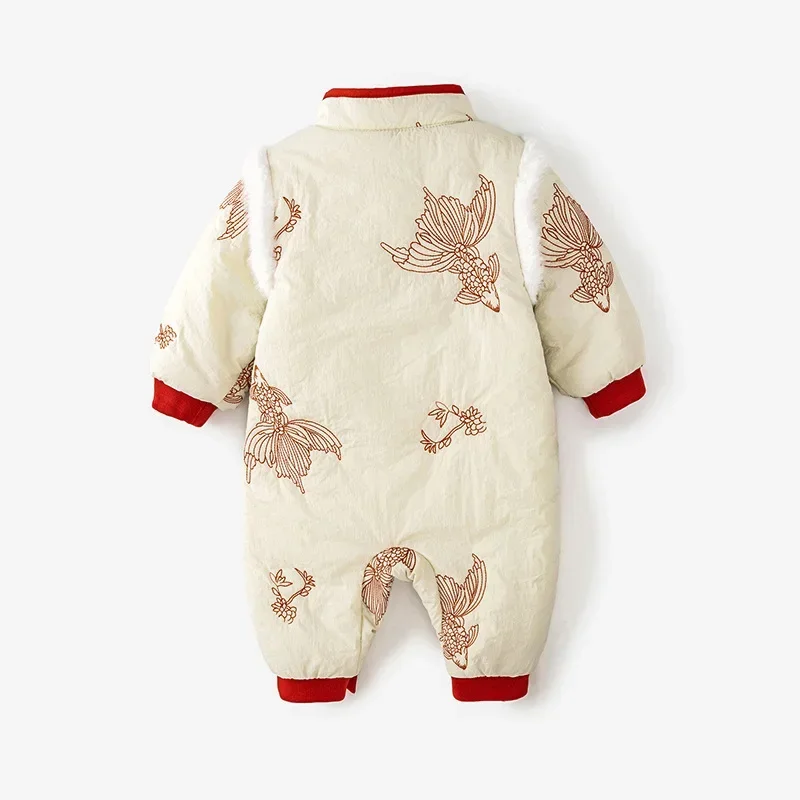 Combinaison de style chinois pour bébé fille, vêtements de sortie, épaissie, matelassurera, cent jours, automne, hiver, 2024