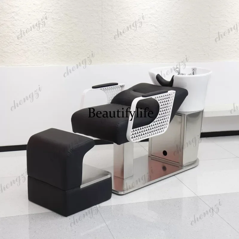 Beautiful HR high-end hair salon shampoo bed beauty salon, semi-lying flush bed stainless steel ceramic basin