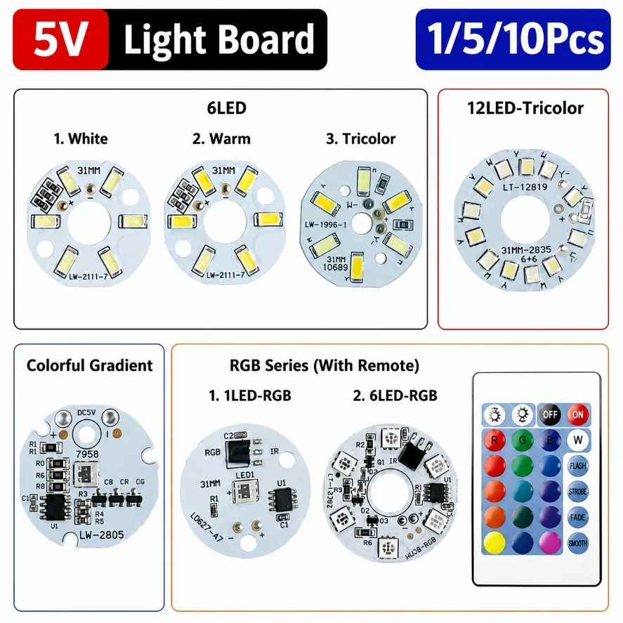 1/5/10Pcs 5V LED Light Board 6LED 12LED White Warm Tricolor RGB LED Module with Remote Control for DIY Lamp Repair Lighting