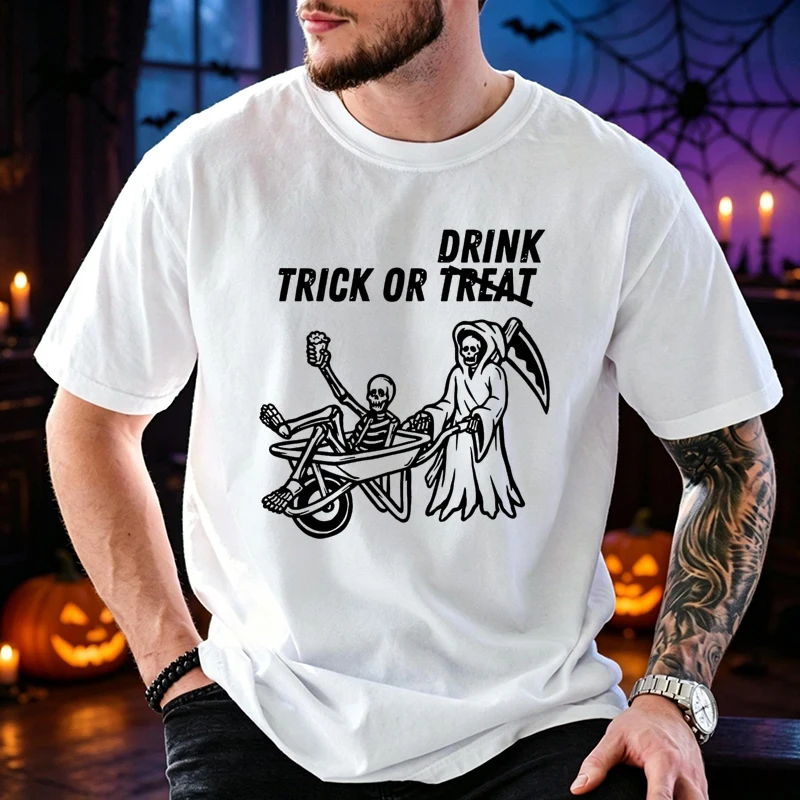 Funny Adult Trick or Treat Graphic Men's T-Shirts Halloween Trick or Drink T Shirt Shirt Short Sleeve Tops Spooky Season Tops