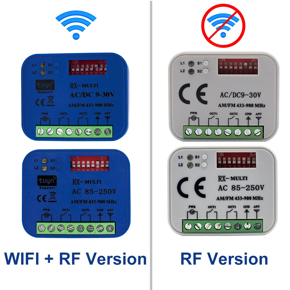 2 Styles RX-MULTI 300-900MHz Smart Gate Garage Door Receiver WIFI Tuya / RF Universal 2CH Multi-brand Controller Switch