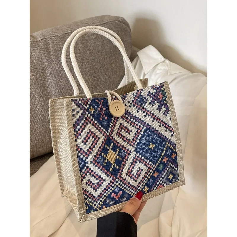 

Large Ethnic style Canvas Lunch Bag - Women's Summer Bento Organizer Tote, Insulated Mommy Commuter Purse