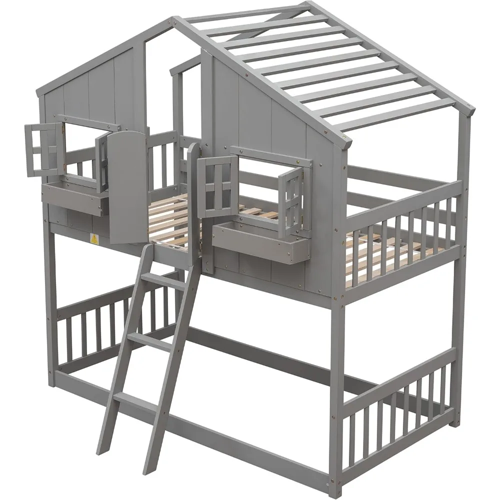 House ranjang susun kayu Twin Over Twin Bunk Bed Frame dengan atap, pintu dan kotak penyimpanan, Playhouse Bed untuk anak laki-laki perempuan remaja