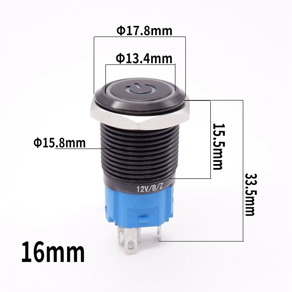 16mm Black Oxide Metal Power Push Button Switch Waterproof Custom Made Button Flat Head With LED Light Self-Reset Self-Lock 12V