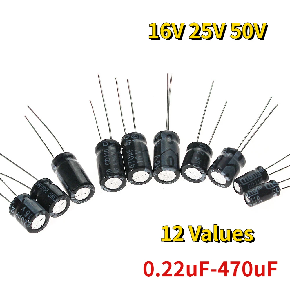 

120pcs/lot 12 Values Aluminum Electrolytic Capacitor 16V 25V 50V 0.22uF-470uF DIP Electrolyte Capacitors Assortment Kit