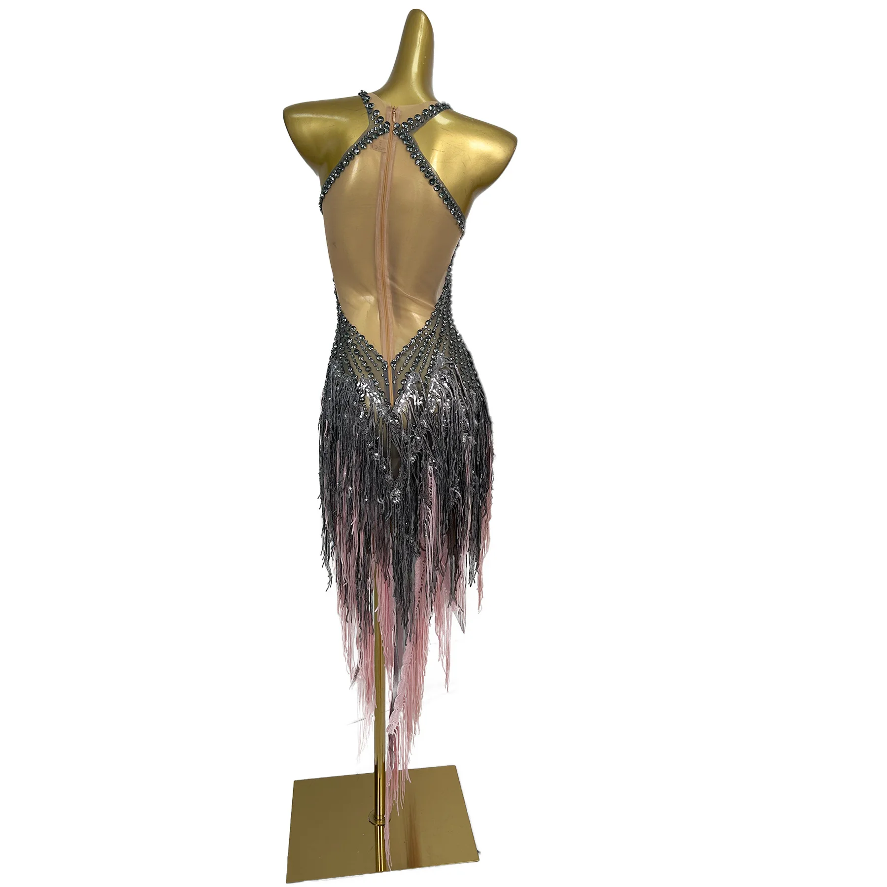 Shuini Sexy Women Mesh Latin Dance Dress Shiny Black Rhinestone Fringe Skirt Bar Stage Performance Dress Birthday Prom Gowns