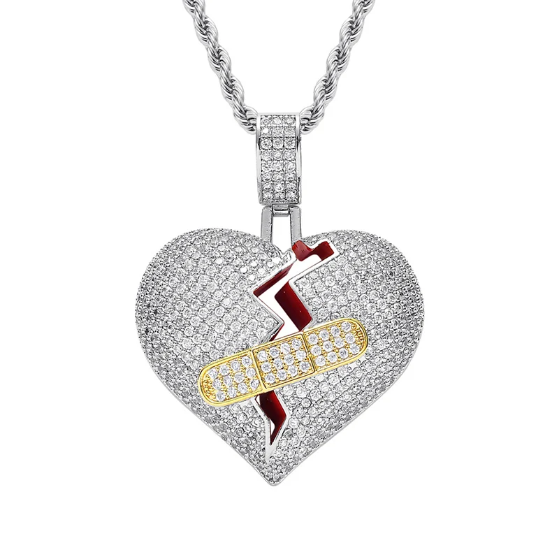 Hip Hop AAA CZ Stone Paved Bling Iced Out Bandage Broken Heart Pendants Necklace for Men Rapper Jewelry Drop Shipping