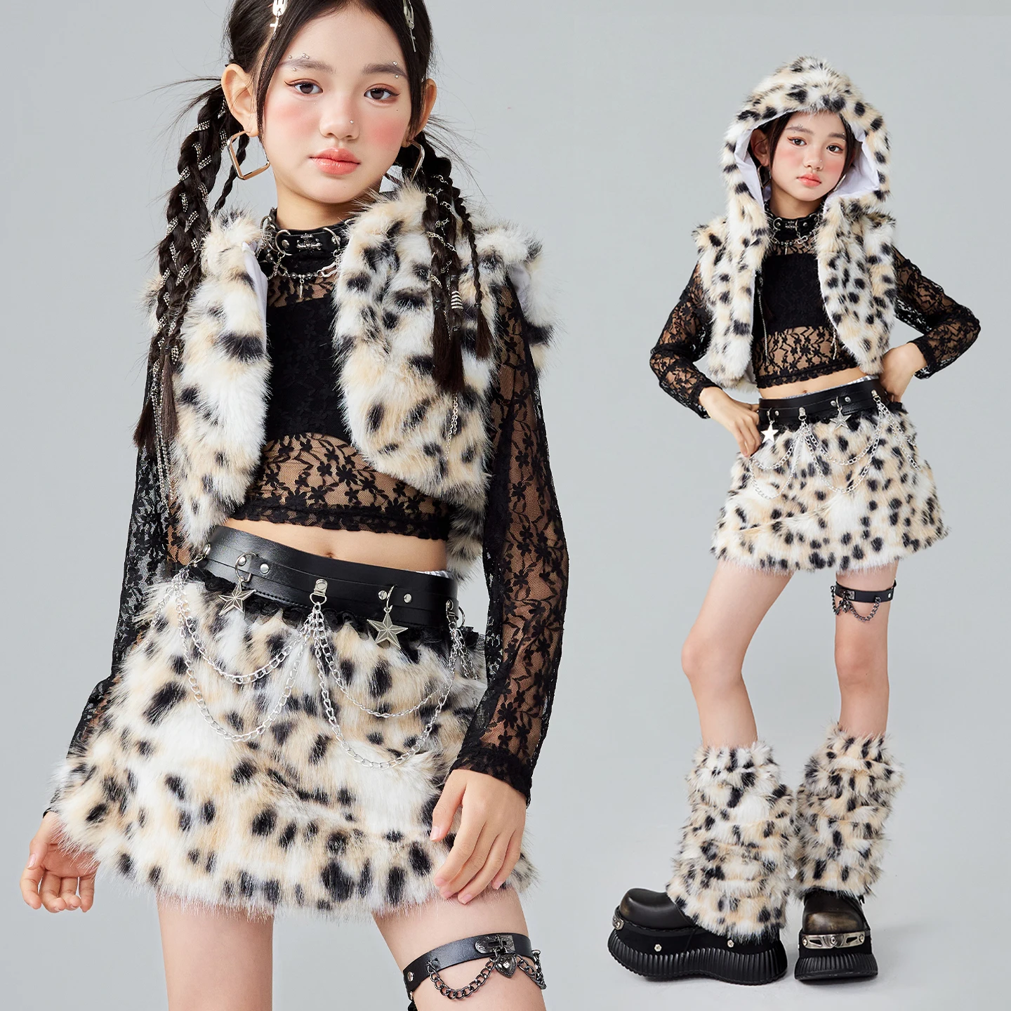 어린이 재즈 댄스 의상 소녀 레오파드 힙합 댄스 공연 의상 어린이 볼룸 댄스 의류 레이브 착용 XS10746