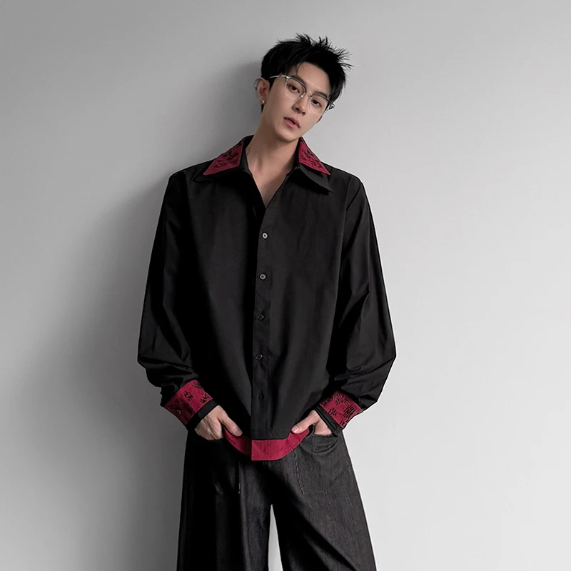 WTHT Trendy Men's Embroidery Fake Two-pieve Contrast Color Shirts Fashion 2026 Summer American Style Lapel Loose Top Male 2A3062