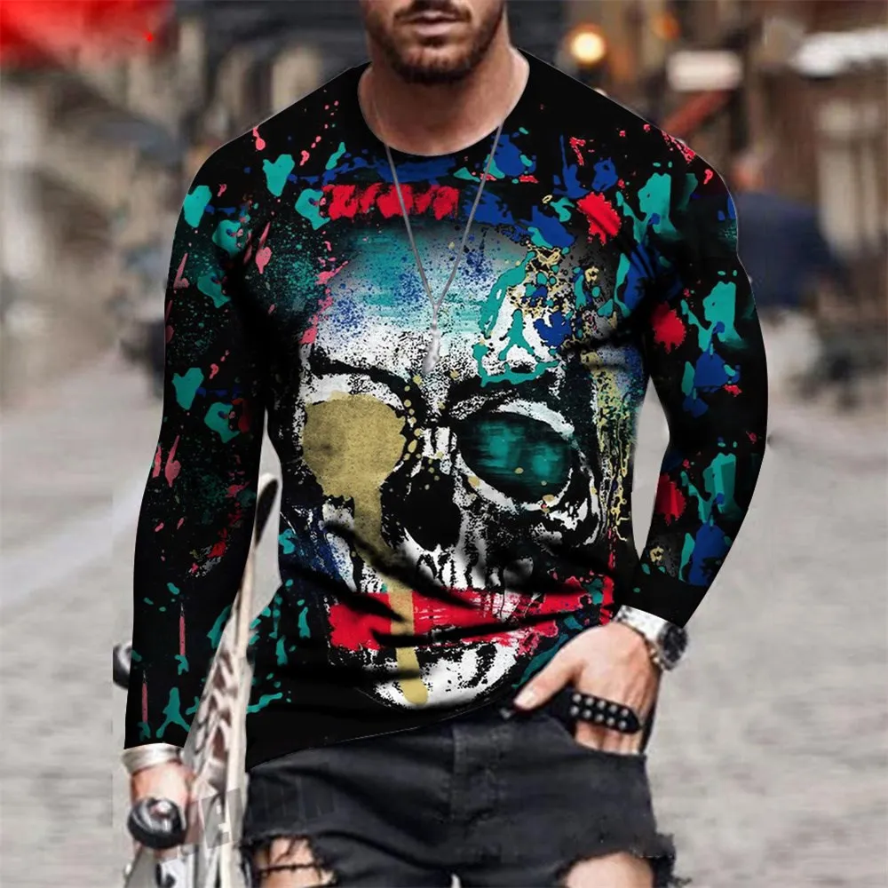 

O-Neck Long Sleeve Plus Size T-shirt Men's Clothing Retro Men's Long Sleeve T-shirt 3D Printing Skull Long T-shirt Men's Street