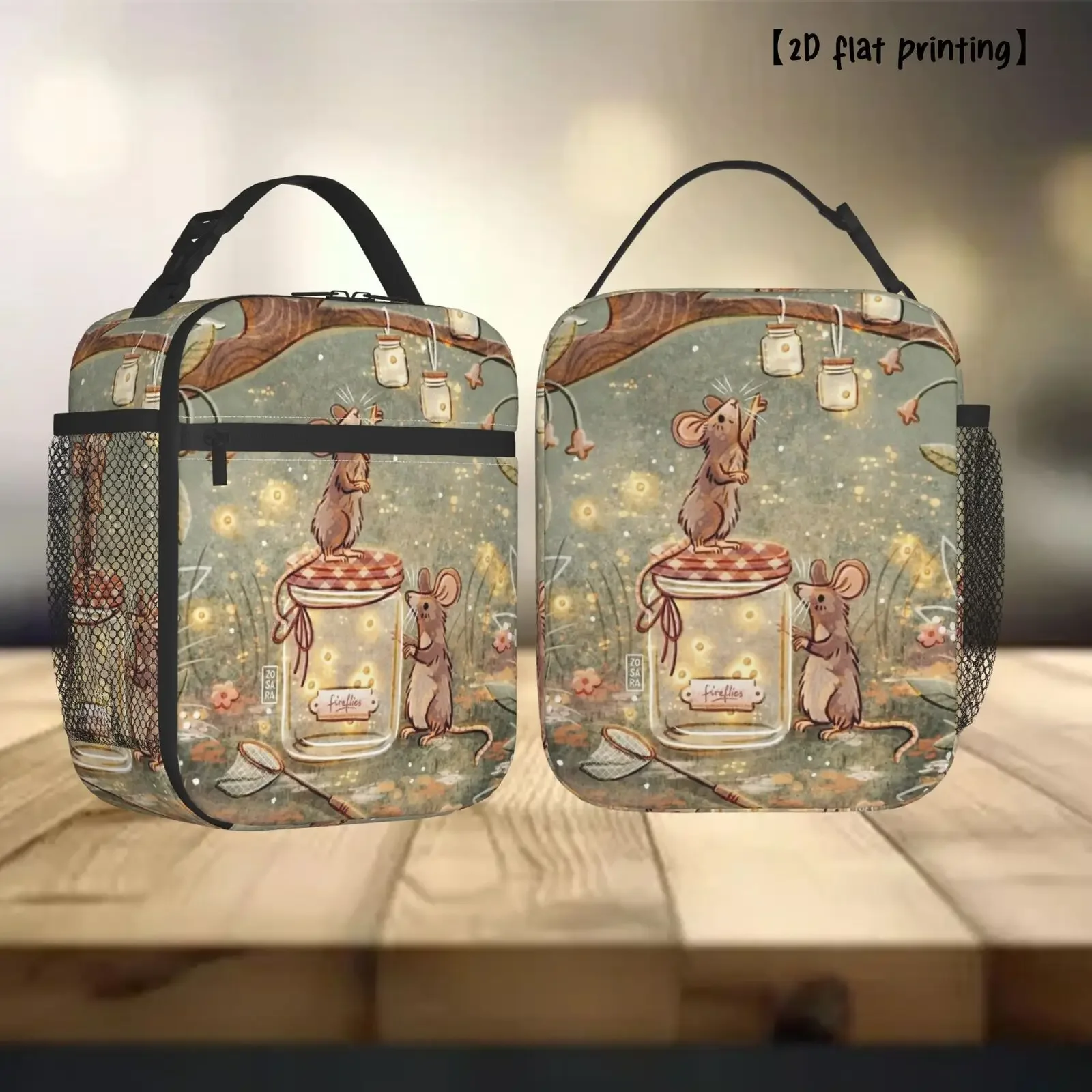 1pc Cute Mouse Mushroom Forest Lunch Bag - Reusable Bento Box Tote With Heart Cutouts, Durable Rectangular Lunchbox