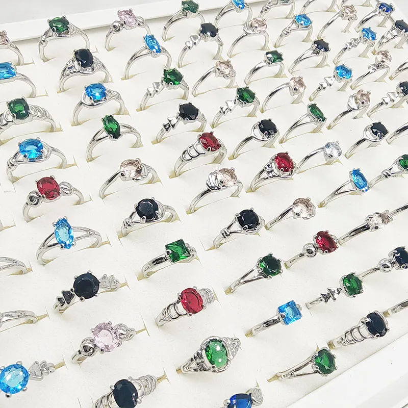 20pcs/Lot Wholesale Mix Colors Crystal Finger Rings for Wedding Party Thin Silver Color Geometric Blue Joint Ring Gifts Girls