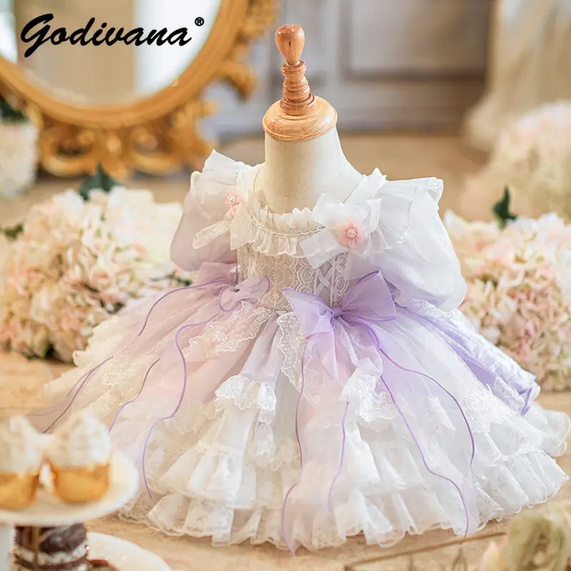 Sweet Baby Girls French Elegant Purple Lolita Princess Dress Kids 2026 Summer New Lace Puff Sleeve Bow Birthday Party Ball Gown