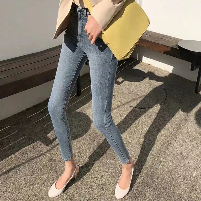 Elastic Slim Fit High Waist Nine-Piece Women's Jeans Capri Pants Korean Style Fashionable Trendy Destructed Pink Denim
