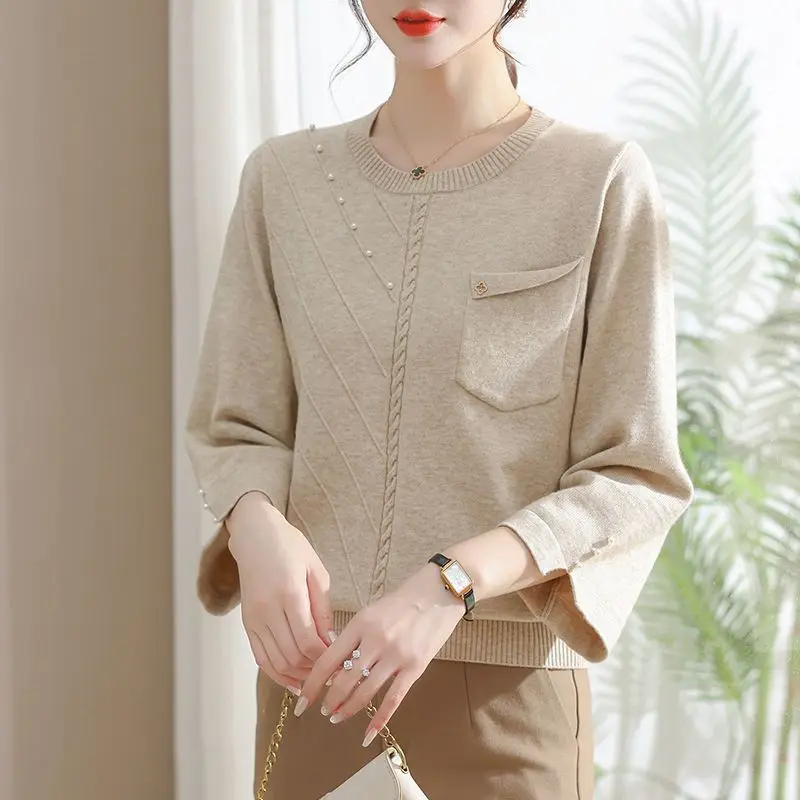 Fashion All-match Solid Color Beading Knitted Pullovers 2023 Spring Summer Elegant Temperament 3/4 Sleeve Sweaters for Female