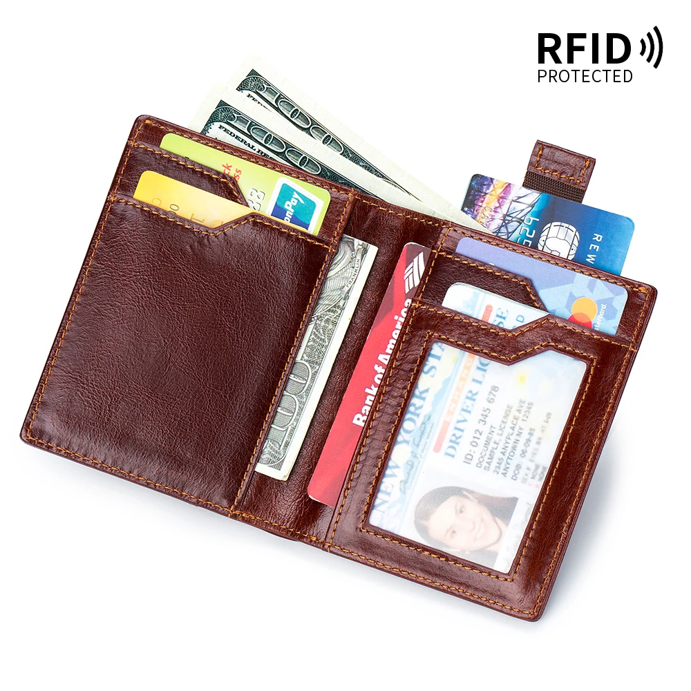 Monedero de cuero fino para hombre, Cartera de piel de vaca con capa de cabeza RFID, paquete de tarjetas ahumadas, novedad