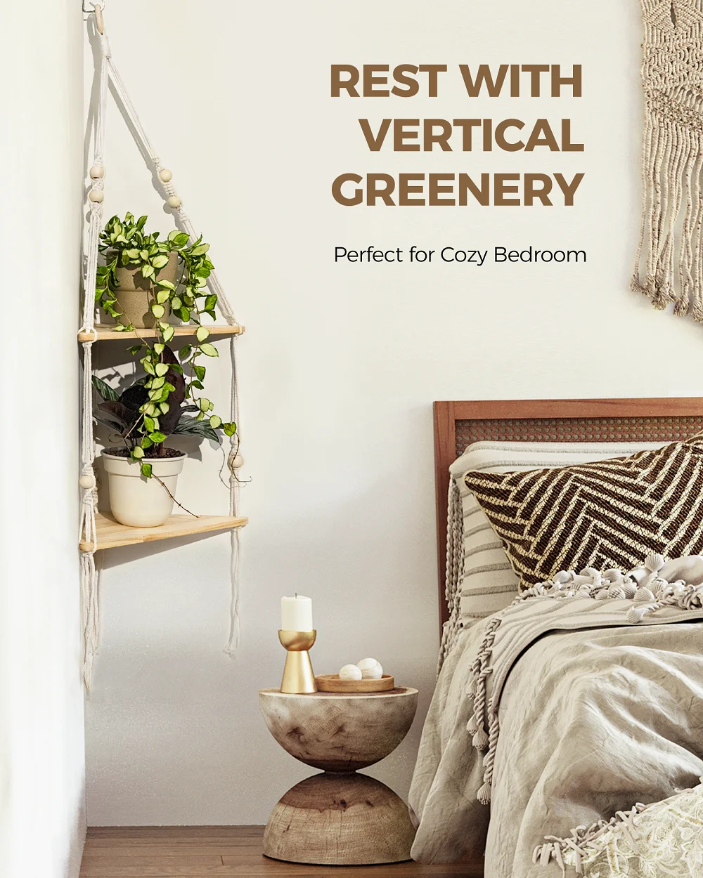 Bamworld ركن النبات الجرف داخلي جدار حامل النبات بوهو النبات حامل الخشب اليدوية المنسوجة حامل أرفف معلق ديكور غرفة المعيشة