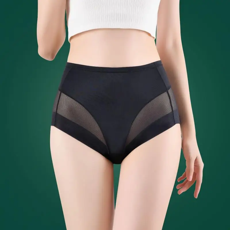 

High waisted ice silk underwear for women with belly cinching and hip lifting mesh sexyand seamless plus size triangle waistband