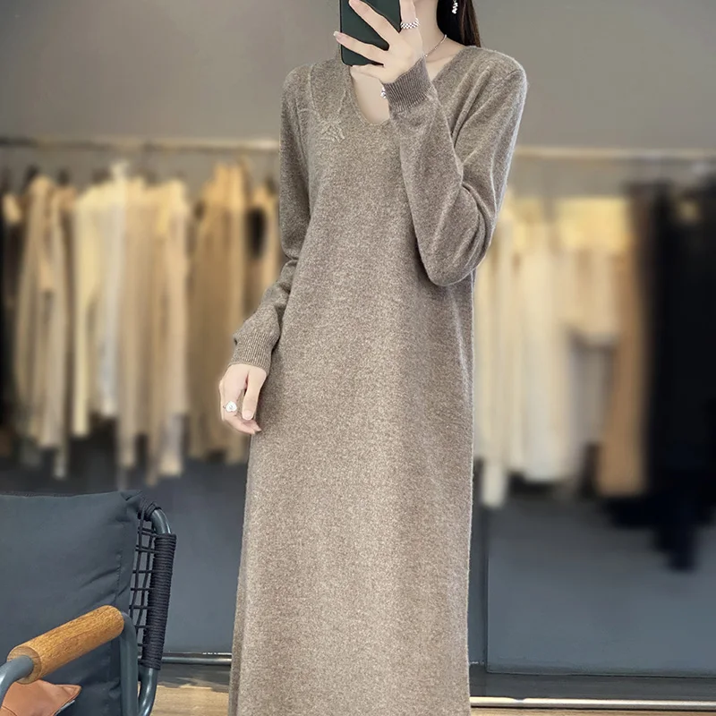 

Hot Sales With Free Shipping Cashmere Dresses For Women Long V-neck Knit Jumpers 2023 Winter Lady Pullovers NJ01