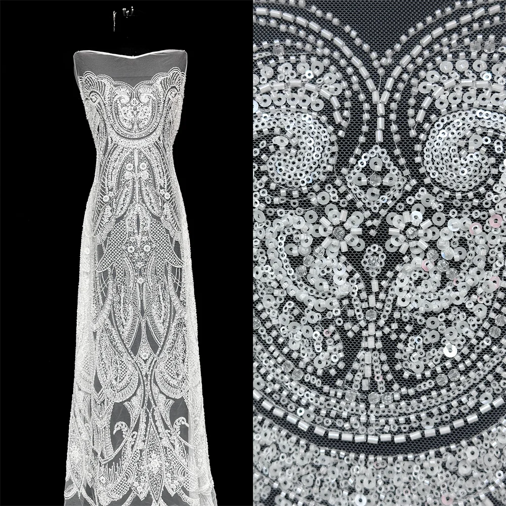 

Luxury African Beaded Lace Fabric French Bridal Sequins Lace Fabric 2026 Nigerian Tulle Lace Fabrics Couture Materiel Dresses