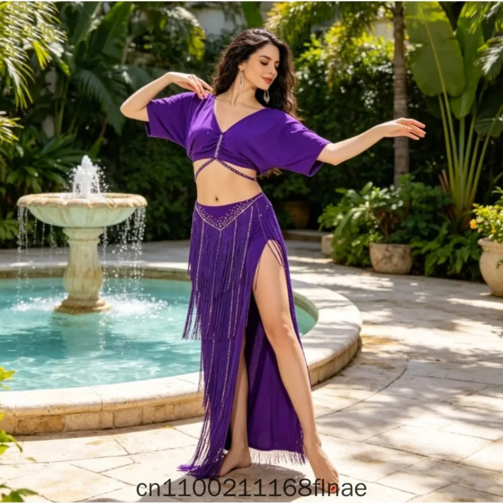 Women Belly Dance Practice Outfit Rhinestone Tassel Lightweight Luxury Group Stage Performance Costume For Dance Competition Set
