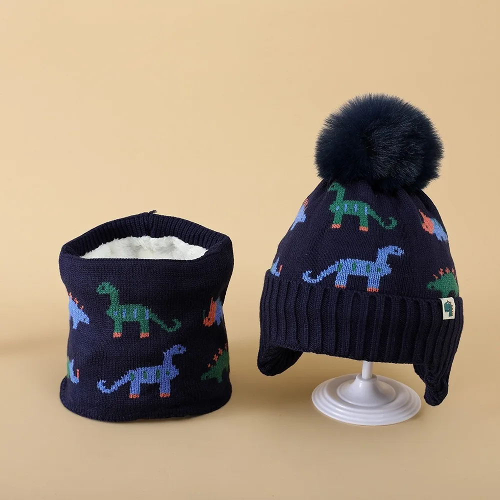 

2Pcs Set Cute Thickened Baby Beanie Cap Cartoon Dinosaur Ear Protection Knitted Hat Warm Scarf Set Winter