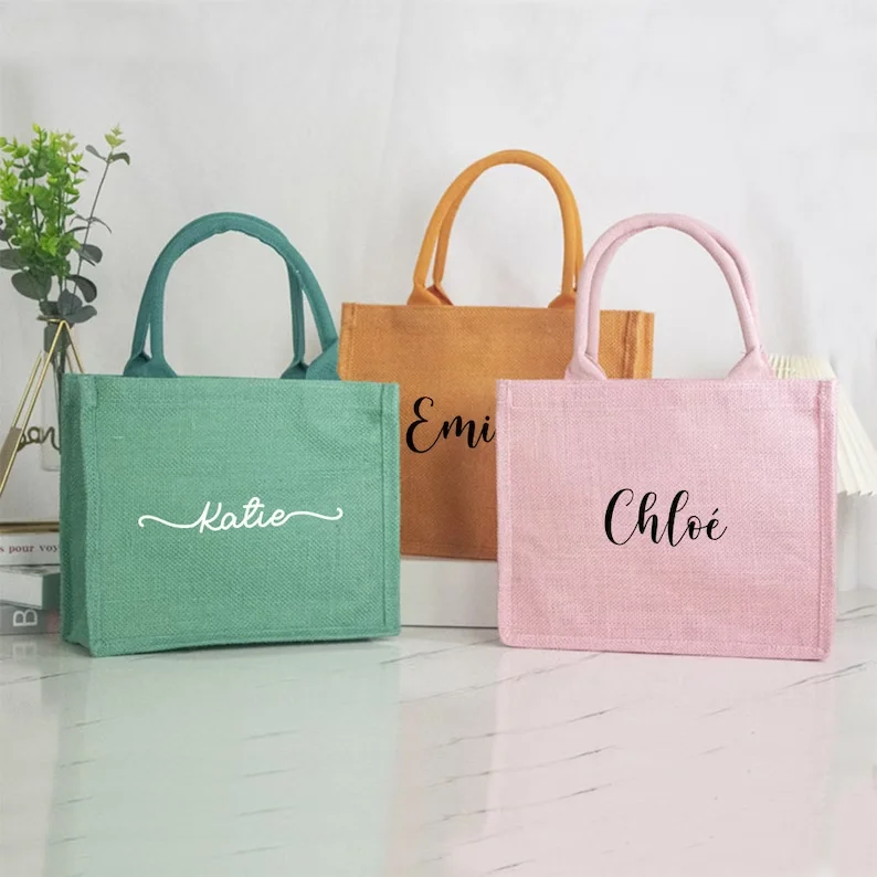 Personalized Colorful Burlap Tote Bags Custom Name Jute Bag Bridesmaid Gift Pink Green Blue Orange Beach Bag Wedding Gift Bag