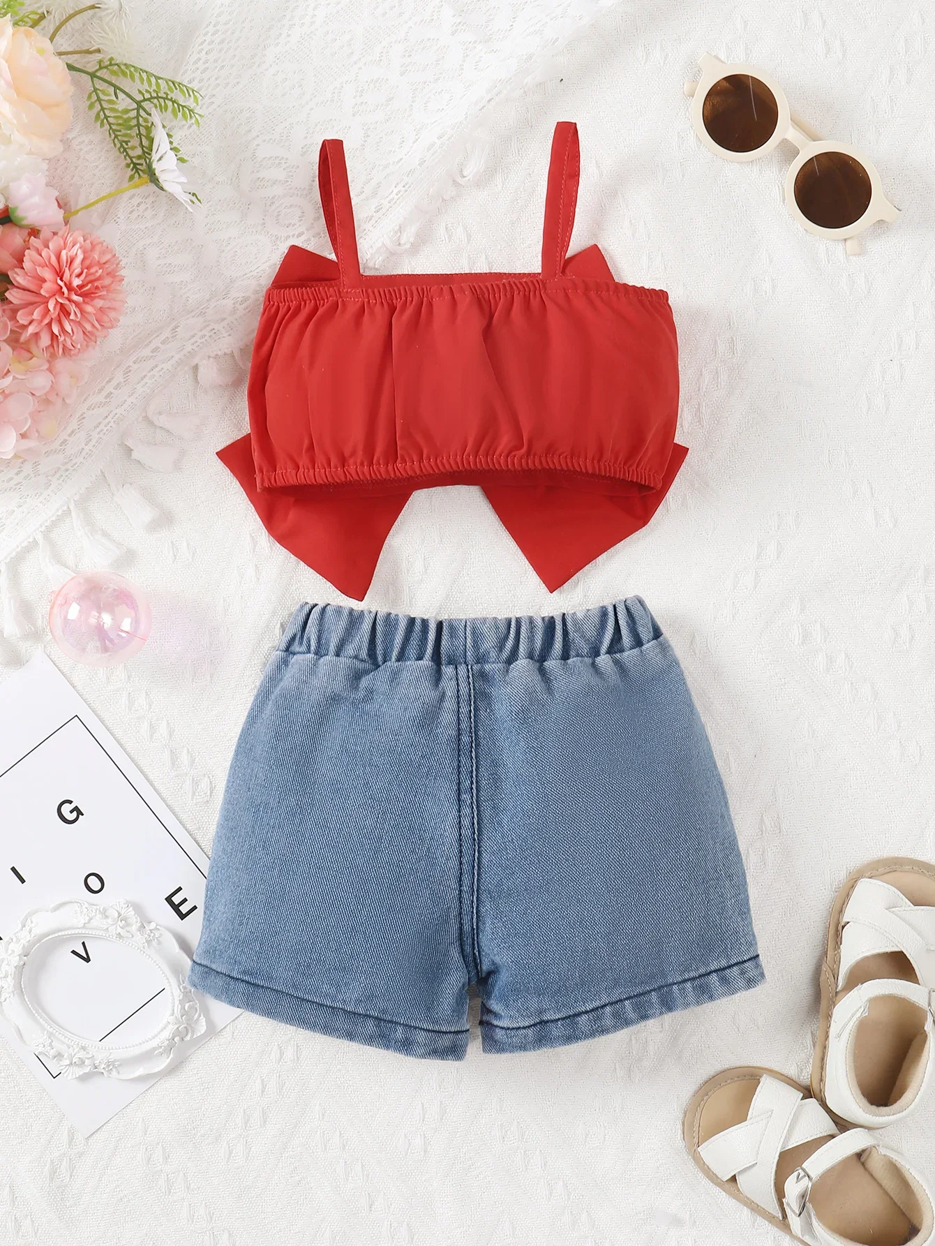 new Baby Girls Sets Summer Newborn Clothes Pure Red Suspender+Embroidered Printed Denim Shorts Fashion Baby Casual Suit