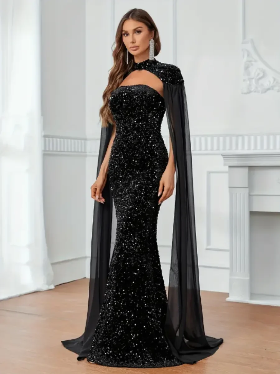 

OUSIRUI Evening Dress Backless Formal Gowns A Line Prom Dress Sequin Decor Cut Out Party Dress Cocktail Dresses Zipper Up