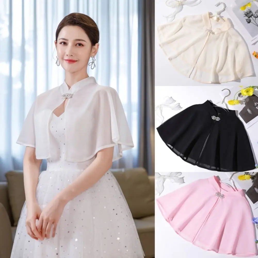 

Chiffon Bride Wedding Dress Shawl Transparent Rhinestone Buckle Evening Dresses Scarves Wrap Sunscreen Cheongsam Cape Cosplay