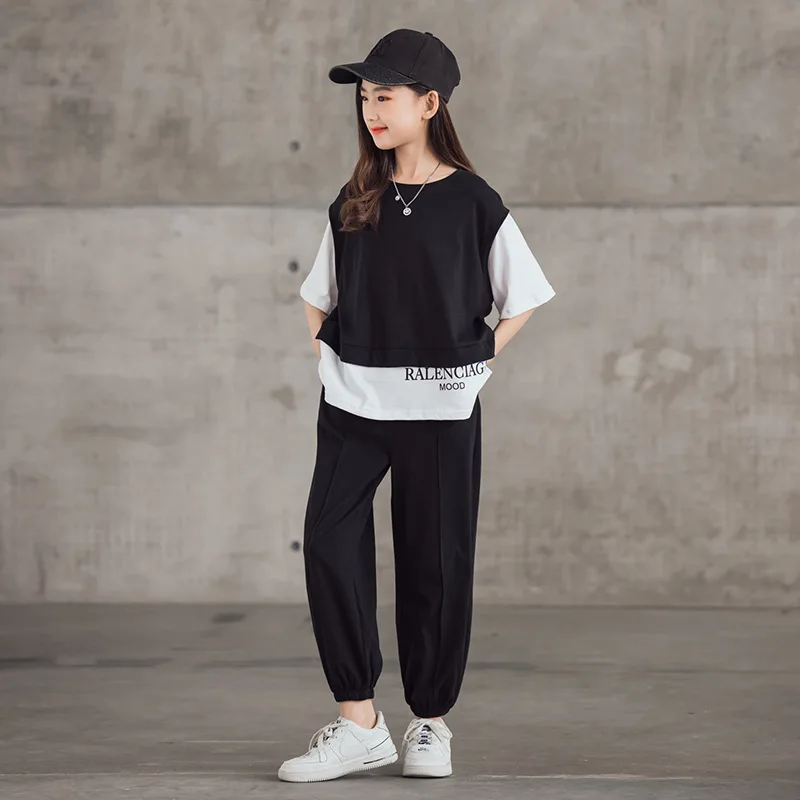 Fashion Kids Clothes Girls Summer Contrast Sleeve Fake 2 Pieces Top & Sport Trouser 2 Pieces Suit Teenage Girl Letter Tracksuit