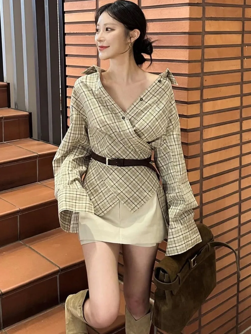 Csa a Cuadros Otoñal E de Manga Larga con Diseño Irregular, Botones Cruzados, Estilo Urbano, Top de Mujer con Manga...