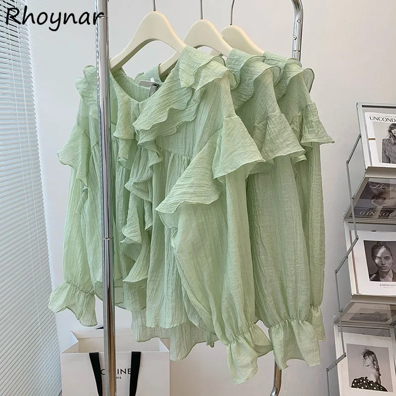 

Puff Sleeve Blouse Women Summer Sweet Girls Korean Style Ruffles Thin Sunscreen V-neck Baggy Casual All-match Daily High Street