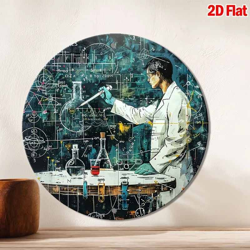 2D Flat, 2D Flat Printed 1pc Metal Iron Sign, 2D Flat Wall Art Decor, Dynamic Scientist Conducting Complex Experiments on a Whit