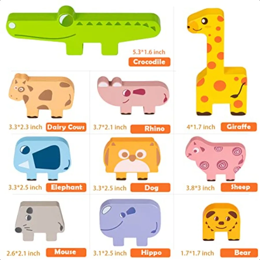 Montori brinquedos para 2 3 4 anos de idade meninos meninas blocos de empilhamento de animais de madeira para crianças 13 blocos de construção jogo empilhamento classificação