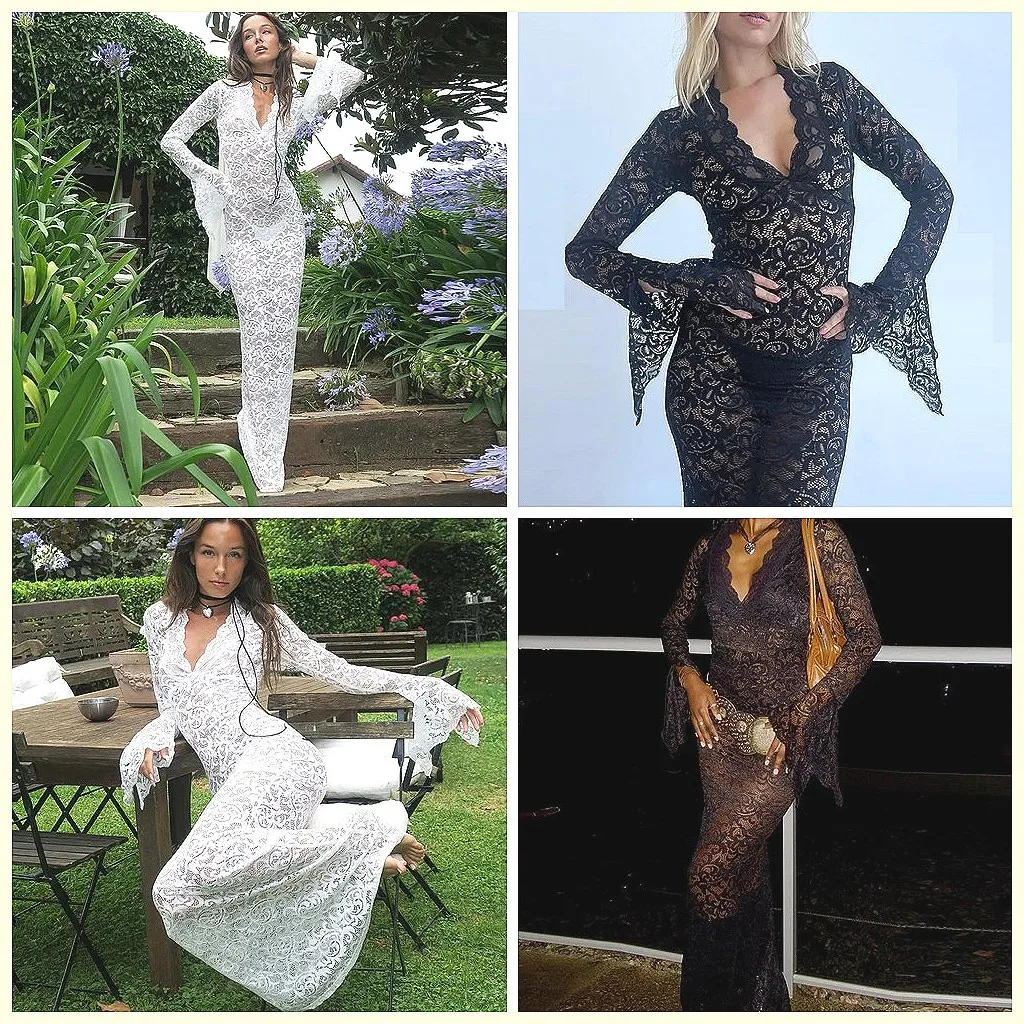 

Sexy White Lace Maxi Dress with Deep V-Neck & Flared Sleeves for Wedding Party