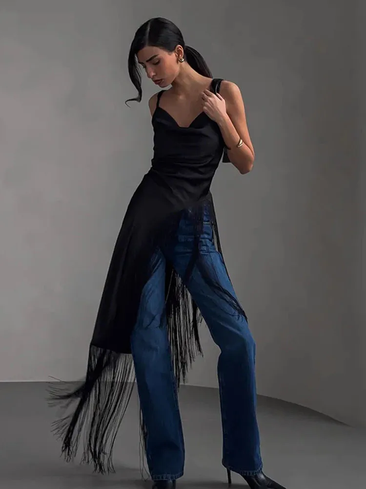 

Sling Tassels Irregular Long Dresses Women Sexy V-neck Sleeveless Backless Slim Designer Party Dress 2025 New Fashion Lady Robe