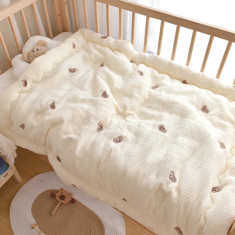 

Natural Cotton Muslin Quilt Bear Rabbit Embroidery Baby Winter Quilt Soft Newborn Crib Comforter Blanket Toddler Sleeping Cover