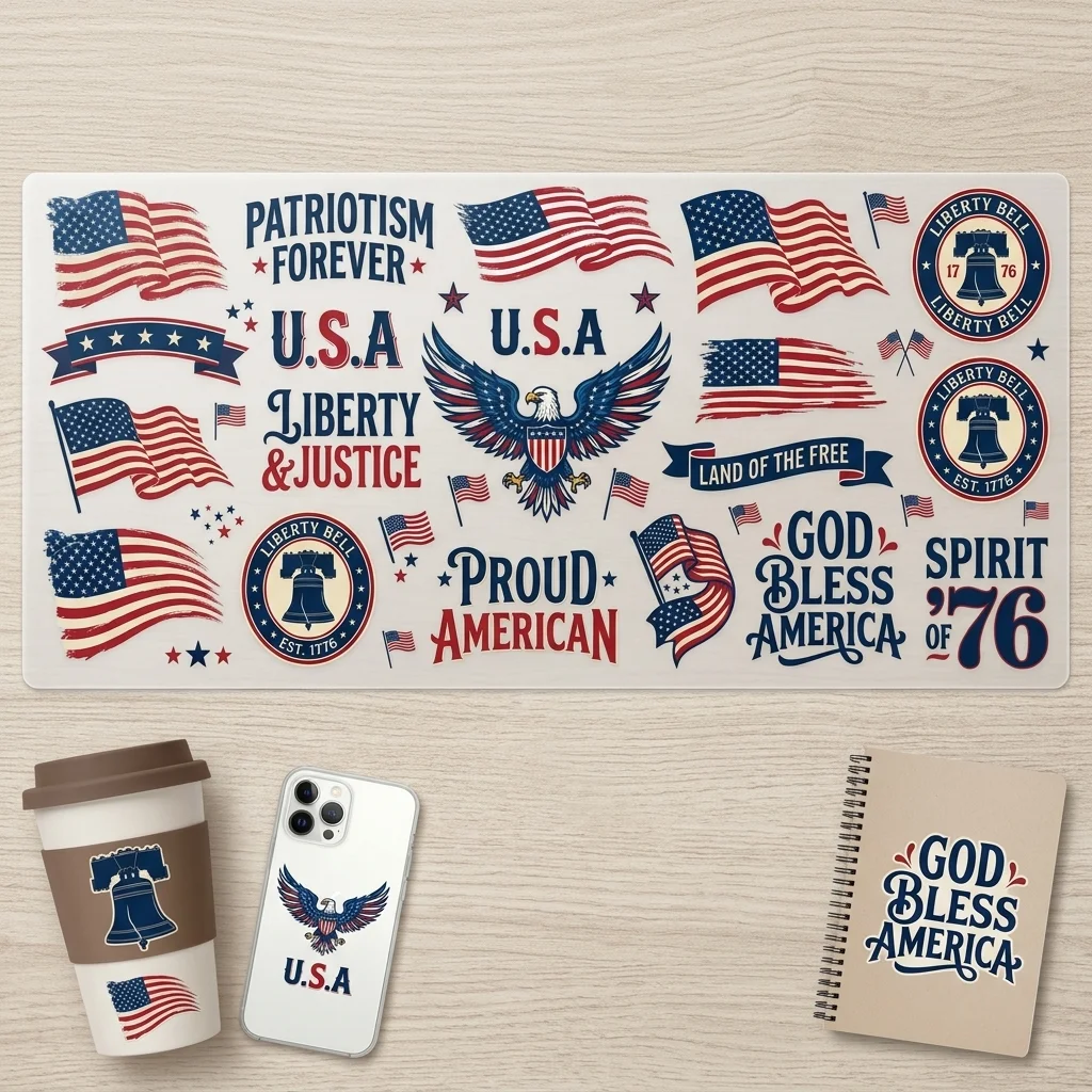 Pegatinas Patrióticas del 4 de Julio con Transferencia UV, Diseño Vintage de la Bandera de EE. UU., Águila y Fuegos Artificiales, Calcomanías Impermeables para Vasos, Botellas, Tazas, Decoración DIY