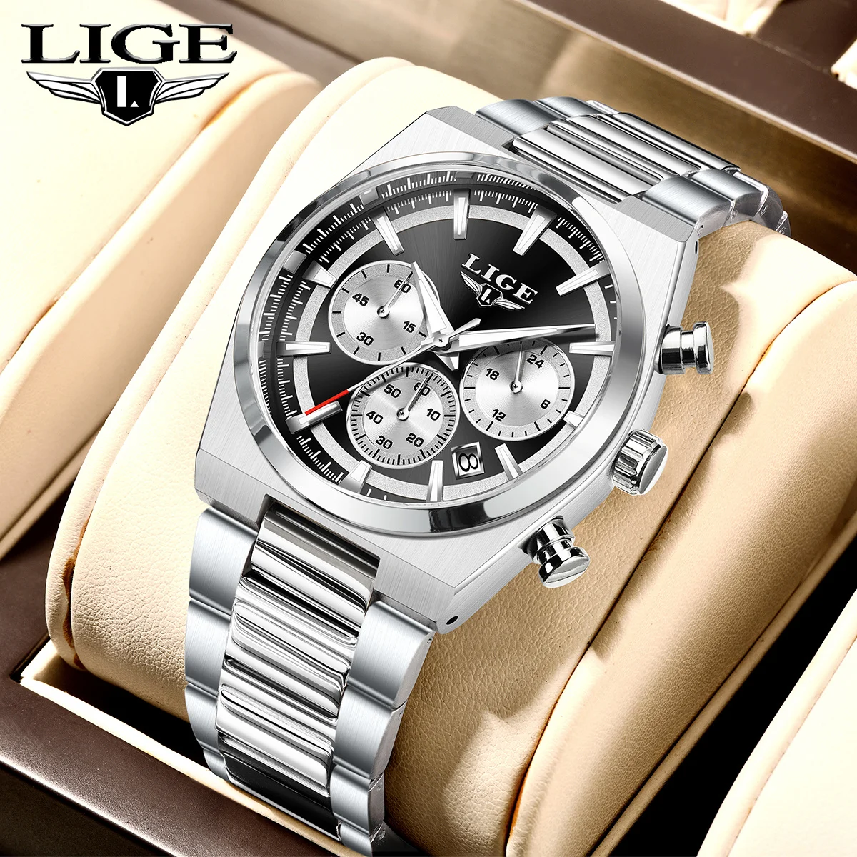 

LIGE New Luxury Man Watch Fashion Luminous Business Waterproof Quartz Watches Chronograph Calendar Stainless Steel Men Watches