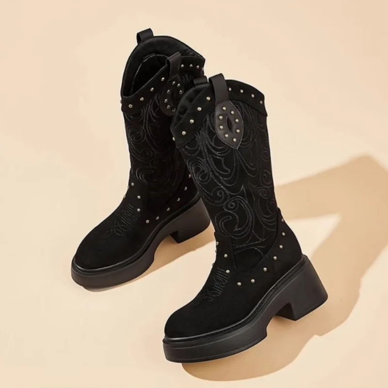 

Retro Knight Women's Mid Calf Boots Pointed Toe Crude Heel Femme Long Boots Autumn New Embroidered Lady Western Cowboy Boots