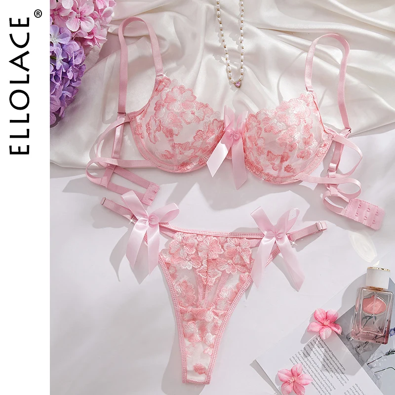 

Ellolace Romantic Sexy Lingerie Pink Coquette 2PC Set Cute Floral Embroidered Bowknot Women's Underwear Youth Girl Pure Desire