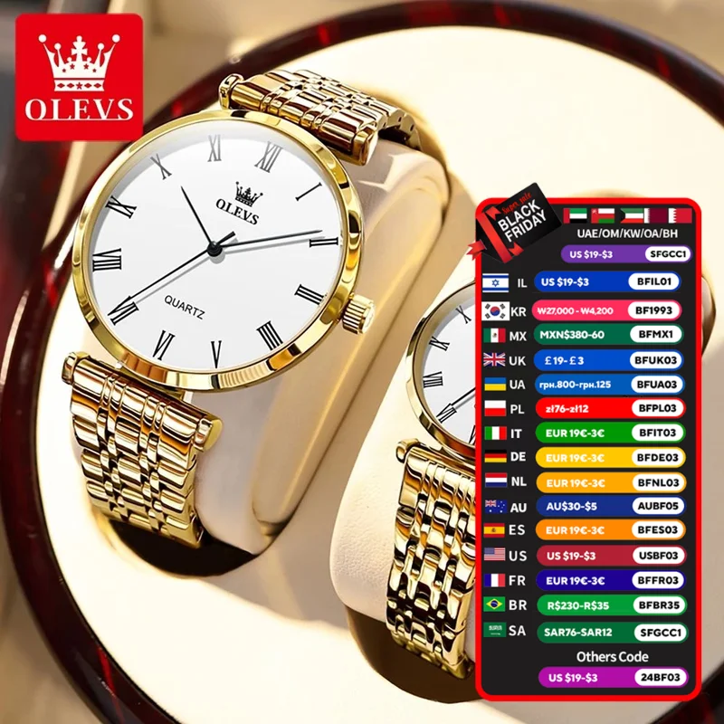 OLEVS-Ensemble de montres à quartz assorties pour hommes et femmes, étanche, chiffres romains, mode couple, 5592