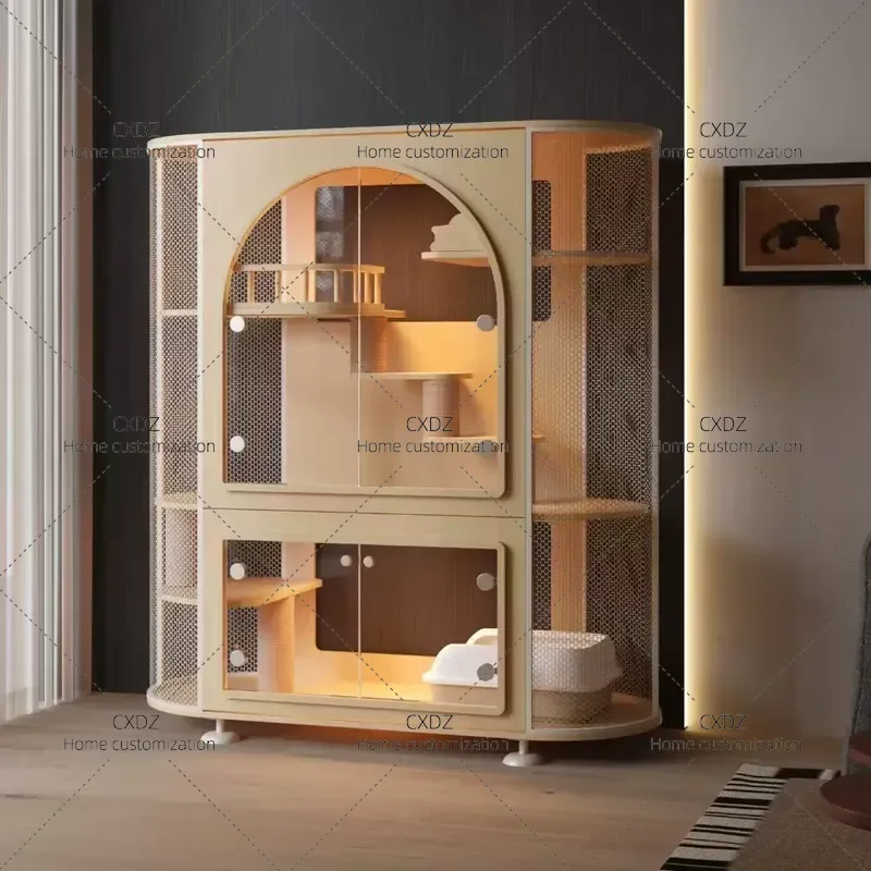 Luxury Panoramic Horizontal Cat Villa TV Cabinet Glass Home Interior Transparent Color Scheme Cat Nest House Cage