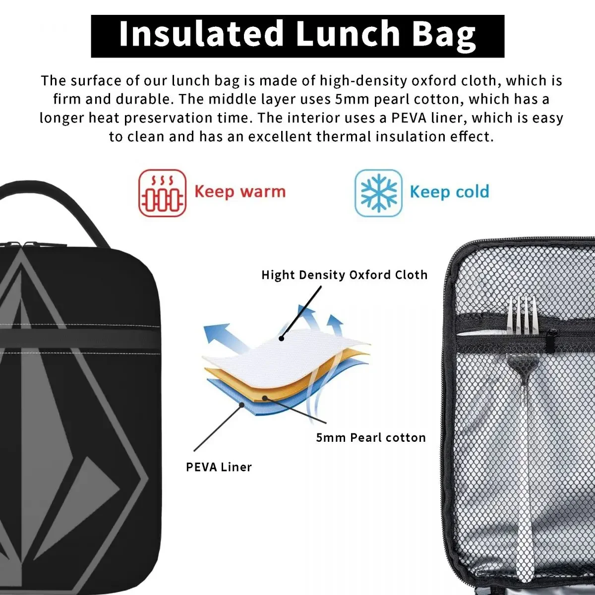 Volcoms Logo Insulated Lunch Bag Food Container Portable Cooler Thermal Lunch Boxes For Travel